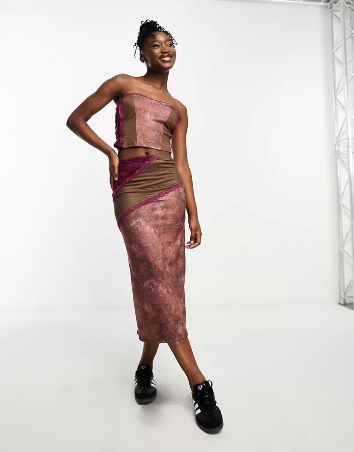 Falda midi ajustada con diseño variado estampado y de encaje de Tammy Girl (parte de un conjunto) Marrón 10UoohjV