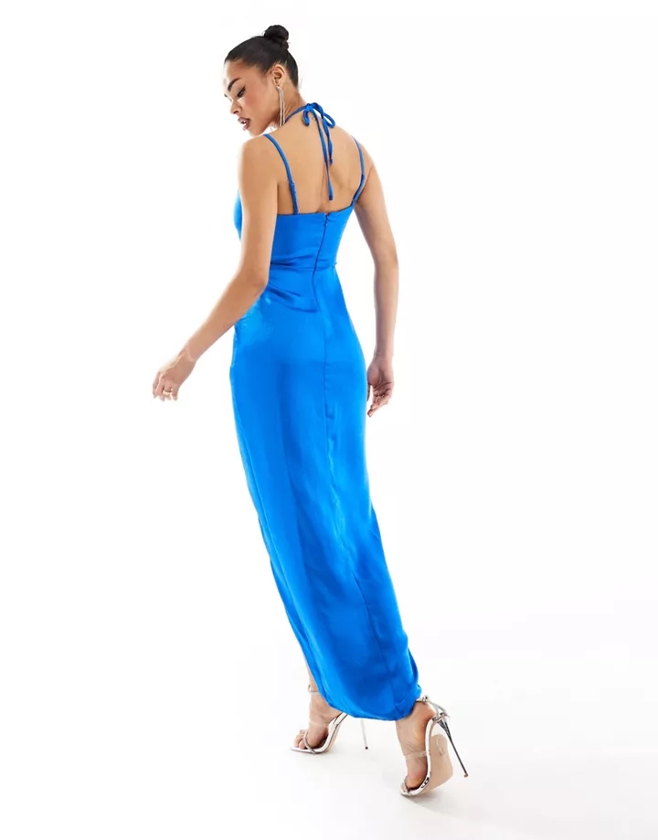 Vestido largo azul luminoso con abertura y diseño de tiras de satén de Flounce London Azul intenso 1QNUnwyh