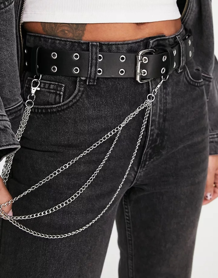 Cinturón negro ancho para cintura y cadera con diseño de ojales y cadena de DESIGN Negro 2A07y4nn
