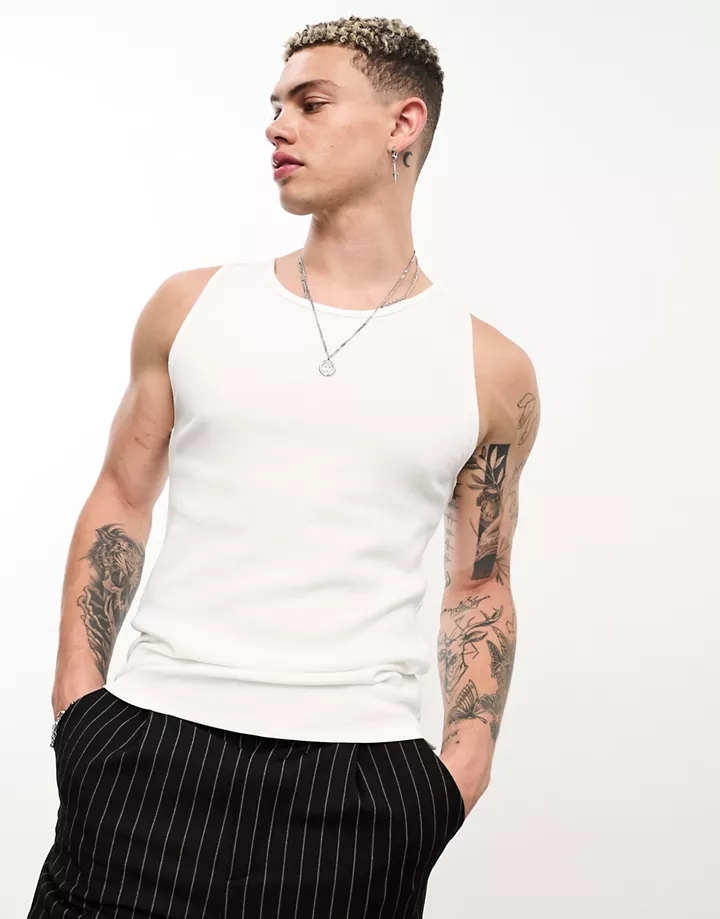 Camiseta sin mangas ajustada de canalé en blanco de DESIGN Blanco 2A8qlLkS