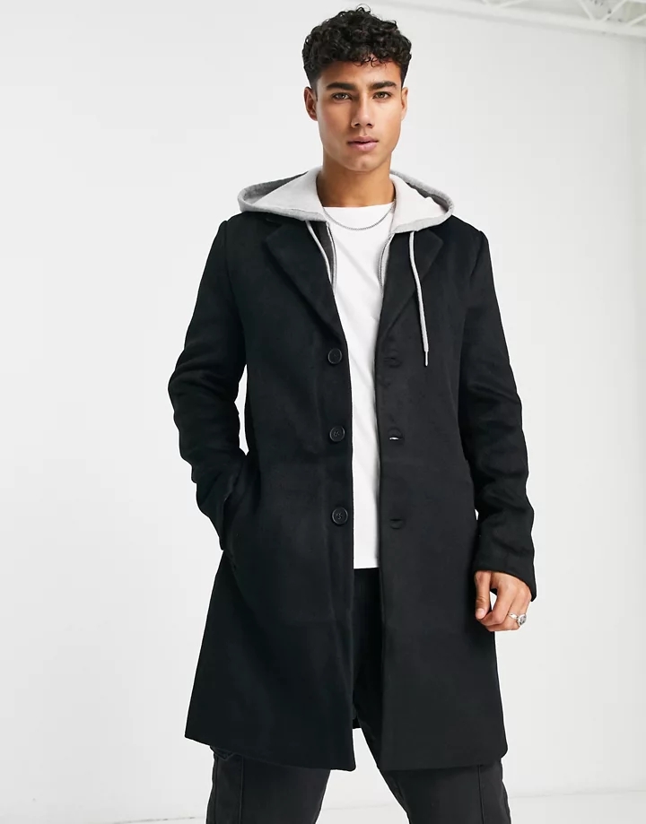 Abrigo negro con detalle de solapas de mezcla de lana de River Island Negro 2uoSUIO1