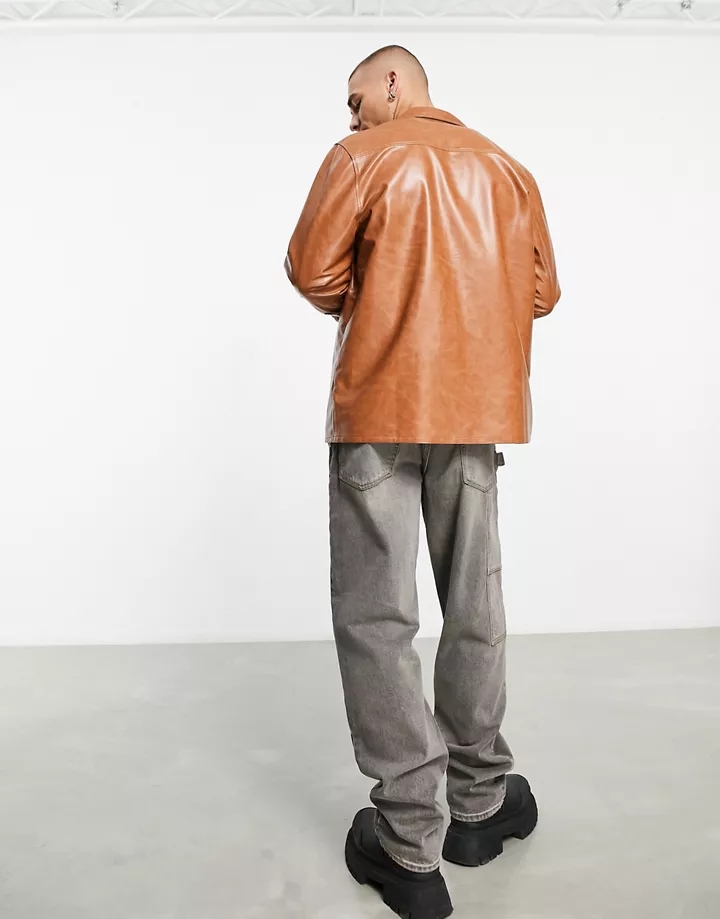Camisa marrón extragrande con lavado vintage de tejido efecto cuero de DESIGN Marrón 4LuN94ok