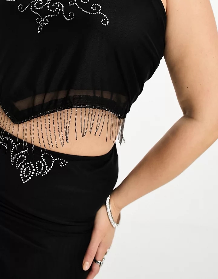 Falda midi negra con detalle de flecos y diseño de pedrería de Tammy Girl Plus (parte de un conjunto) Negro 4mSvoAGG