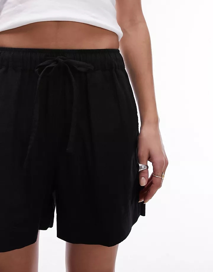 Pantalones cortos negros lisos con cordón ajustable de mezcla de lino de Topshop Negro 4uGeD6xy