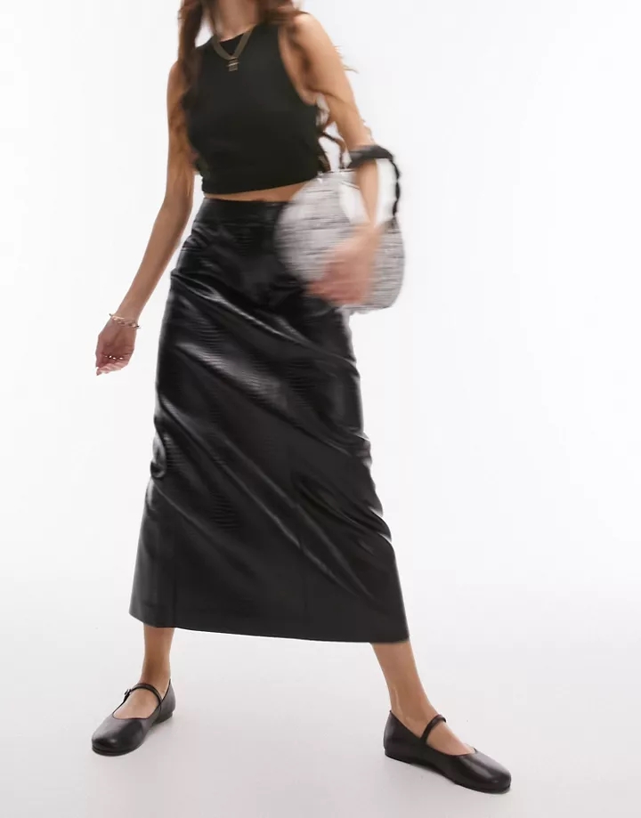 Falda midi negra con estampado de serpiente de tejido efecto cuero de Topshop Negro 50ikeT2C
