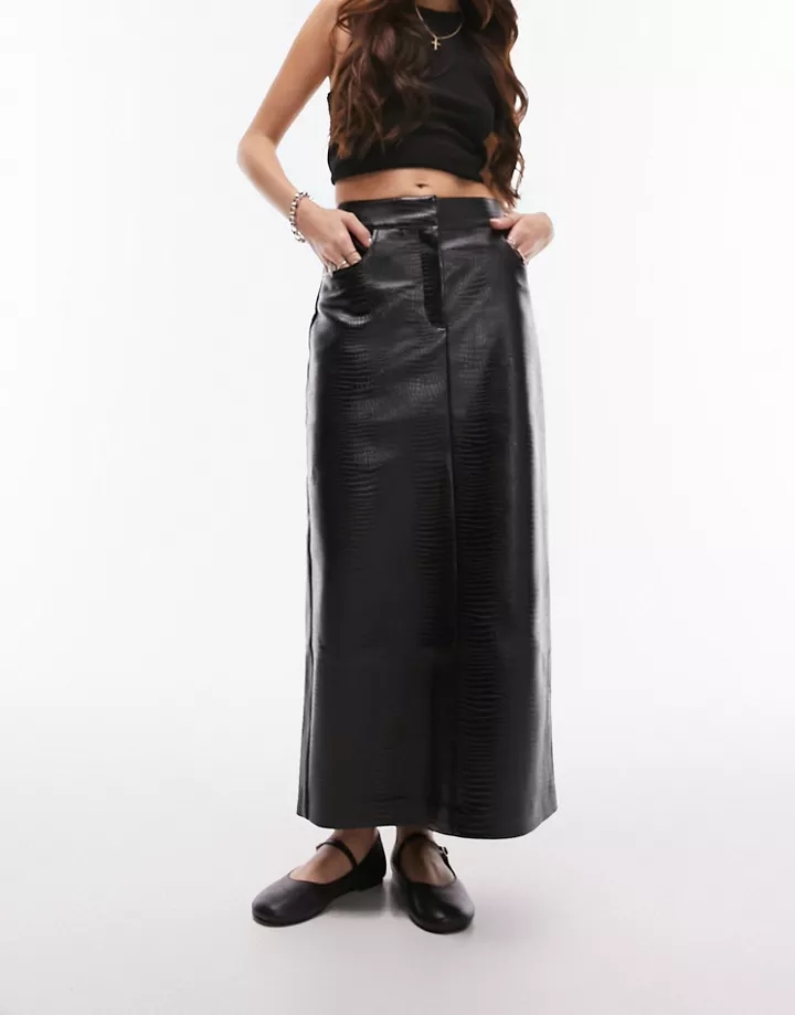 Falda midi negra con estampado de serpiente de tejido efecto cuero de Topshop Negro 50ikeT2C