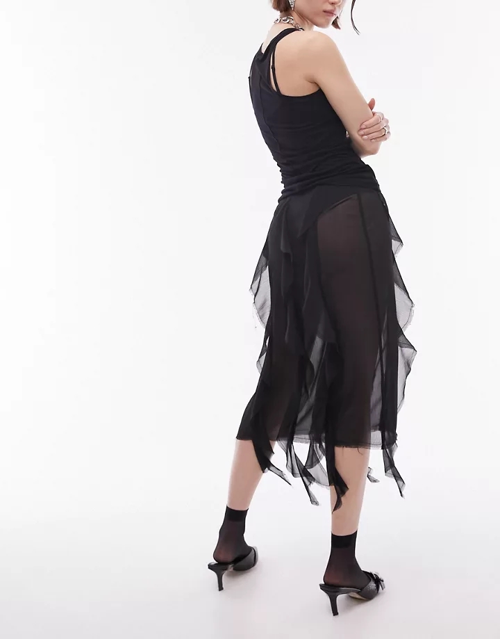 Falda midi negra con borde sin rematar y detalle de volantes de tejido transparente de Topshop Negro 6sk4dOZ7