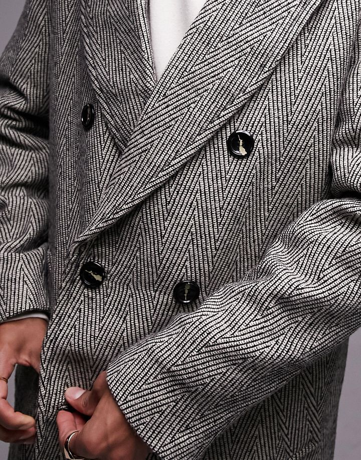 Abrigo gris con patrón de espiguilla y doble botonadura de Topman Crudo 9PUUS7Qr