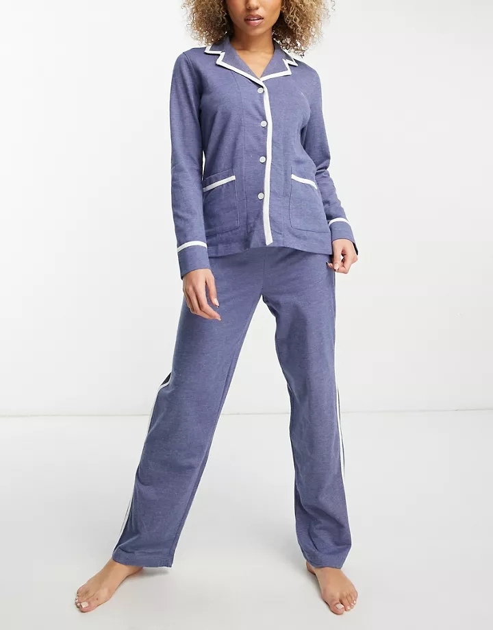 Pijama largo azul jaspeado de punto suave de Lauren by Ralph Lauren 427 Azul jaspeado 9ZnwHqva