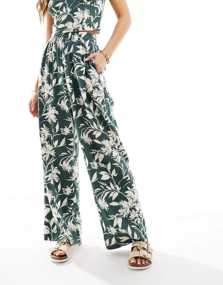 Pantalones verdes de pernera ancha con estampado floral y cinturilla elástica de mezcla de lino de Abercrombie & Fitch (parte de un conjunto) Estampado verde floral A4FEfUd6