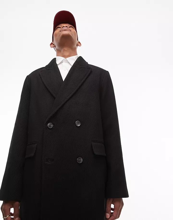 Abrigo negro con doble botonadura y solapas de pico de Topman Negro B2XbOygD