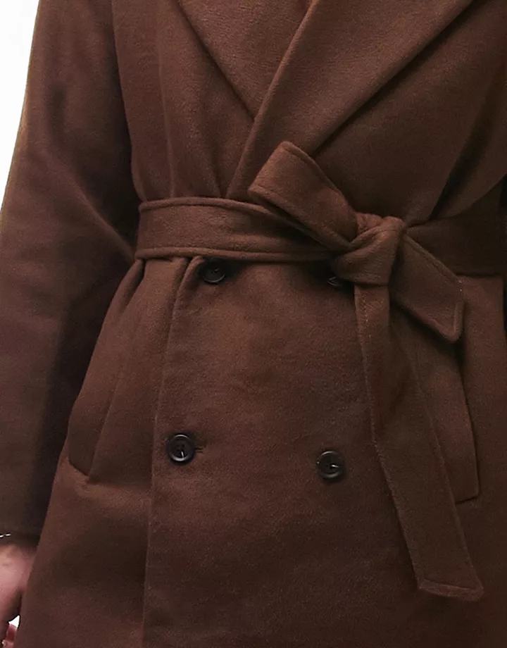 Abrigo marrón chocolate con cinturón de mezcla de lana de Topman Marrón B5aKttJf
