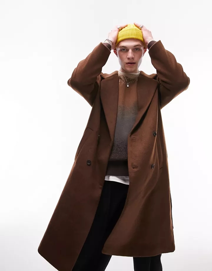 Abrigo marrón chocolate con cinturón de mezcla de lana de Topman Marrón B5aKttJf
