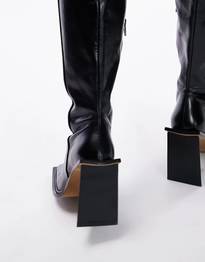 Botas negras por el muslo con puntera cuadrada de cuero premium de edición limitada Freya de Topshop Negro aByKj7CY