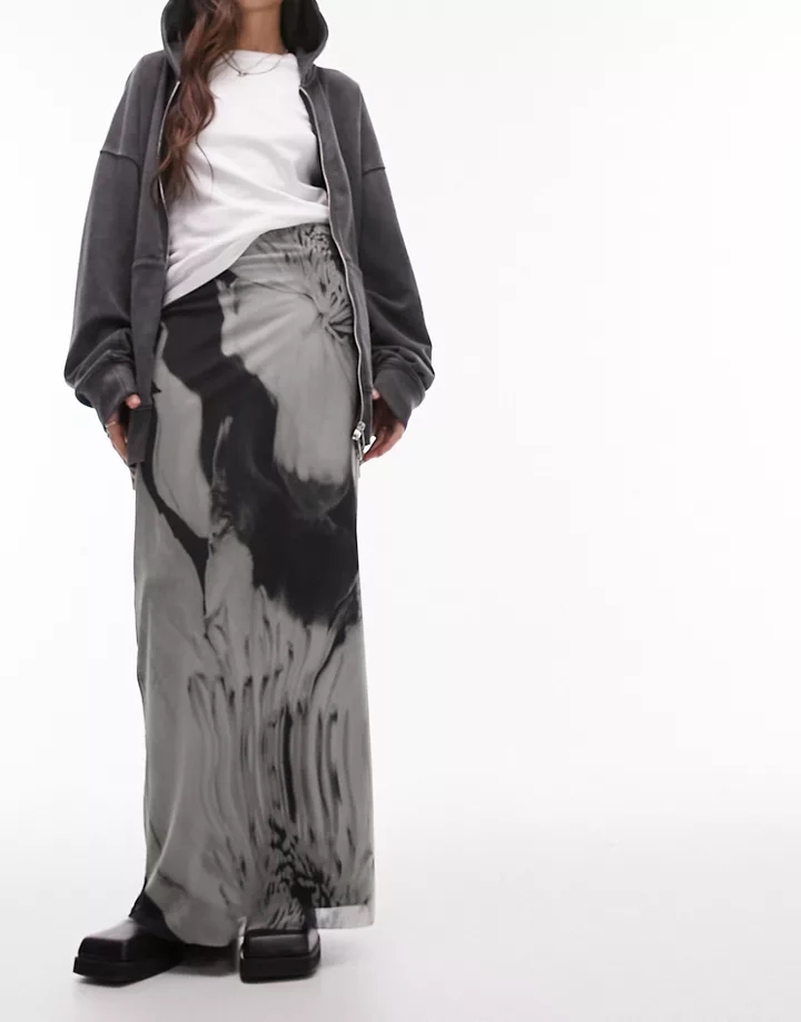 Falda larga gris con estampado floral ondulado de malla