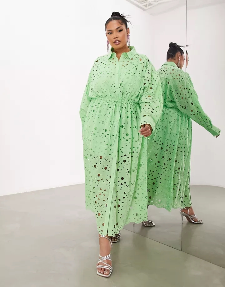 Vestido camisero midi verde luminoso de manga larga con cordón ajustable y diseño bordado de EDITION Curve Verde intenso adtbQXLq