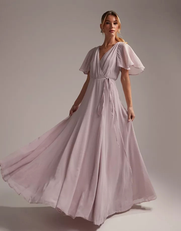 Vestido de dama de honor largo lila con falda de corte amplio, mangas fluidas y lazada de DESIGN Lila b1xVyJqe